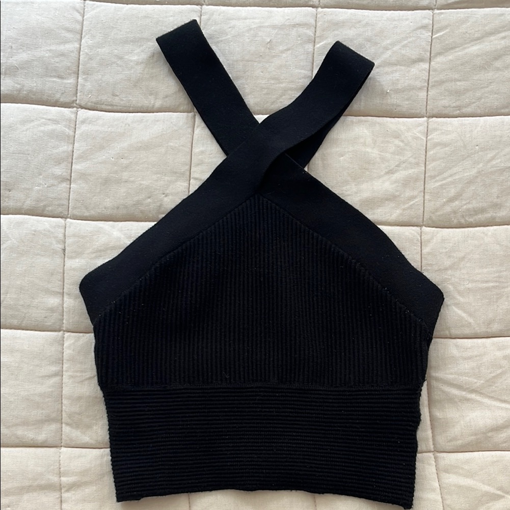 Black Ribbed Cross-Back Top | Abercrombie Ottoman Twisted Tank Top